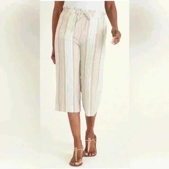 Chico’s Linen Cropped Striped Beige White Pants Pockets Stretch Waist Size 10P - Picture 1 of 8